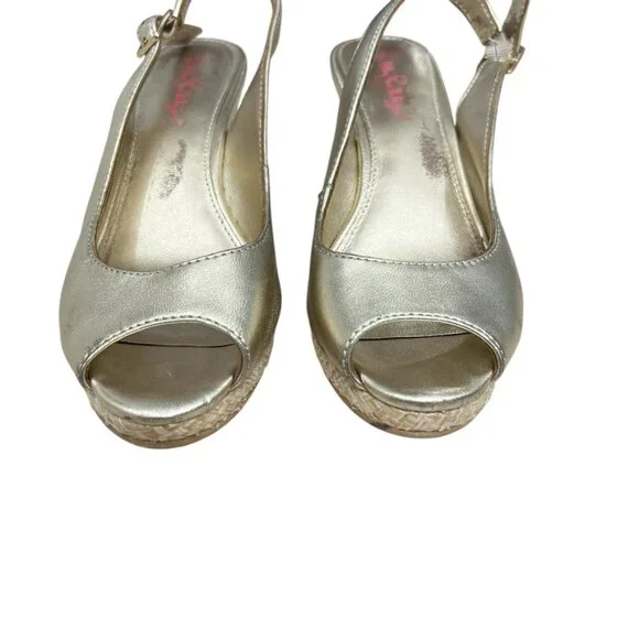 Lilly Pulitzer Gigi Leather Slingback Open Toe Gold Wedge Sandals Women's Sz 7. - Picture 5 of 14
